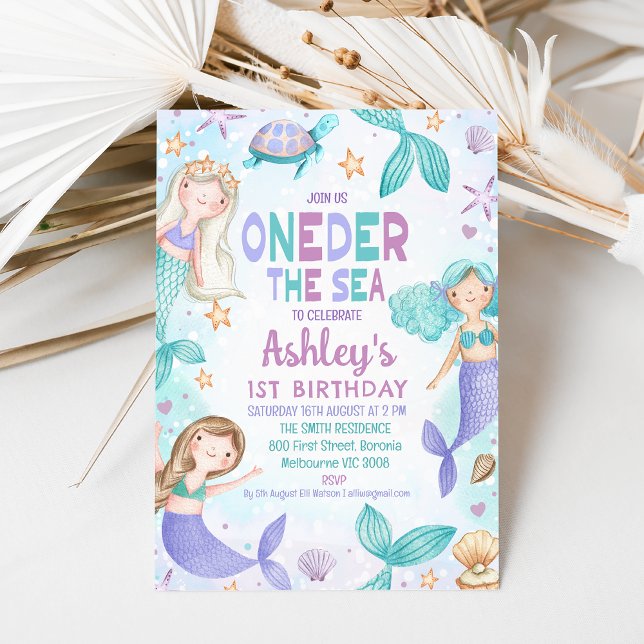 Teal Purple Mermaids Oneder the Sea 1st Birthday Invitation (Editable Mermaid Oneder the Sea Birthday Party Invitation, Instant Mermaid 1st Birthday invite, )