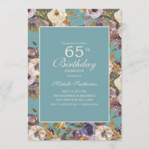 Teal Purple Mustard Ivory Floral 65Th Birthday Invitation