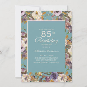 Teal Purple Mustard Ivory Floral 85th Birthday Invitation