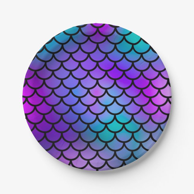 Teal Purple Pink Blue Mermaid Scales Fantasy Fish Paper Plate (Front)