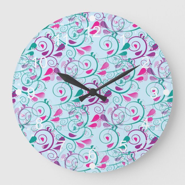 Teal Purple Pink Floral Flourish Swirls on Blue Large Clock (Front)