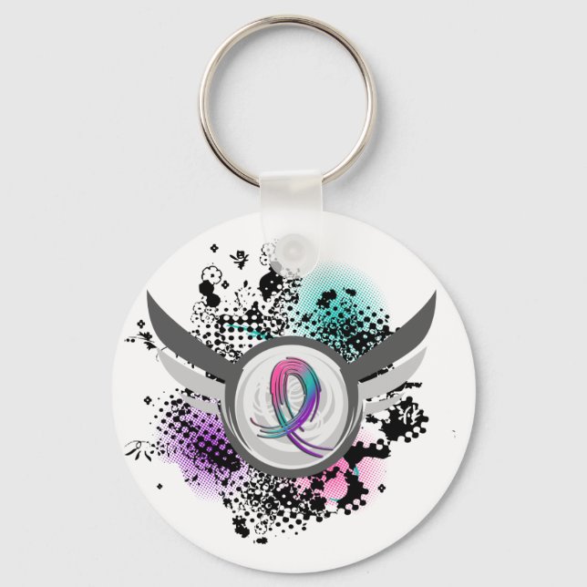 Teal Purple Pink Ribbon And Wings Thyroid Cancer Key Ring (Front)