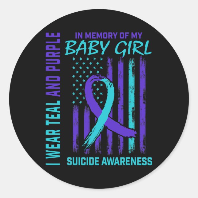 Teal Purple Ribbon Ba  Classic Round Sticker (Front)