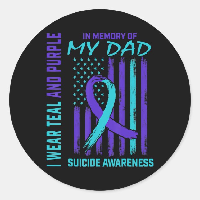 Teal Purple Ribbon In Memory Of Dad Suicide Awaren Classic Round Sticker (Front)