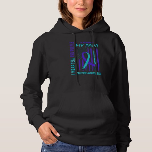 Teal Purple Ribbon In Memory Of Papa Suicide Aware Hoodie (Front)