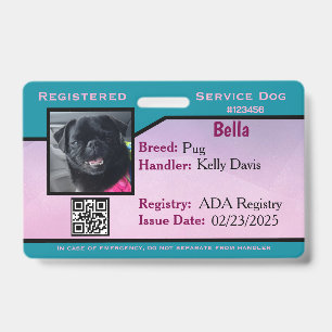 Teal/Purple service dog ID card Badge