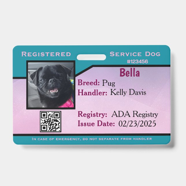 Teal/Purple service dog ID card Badge (Front)