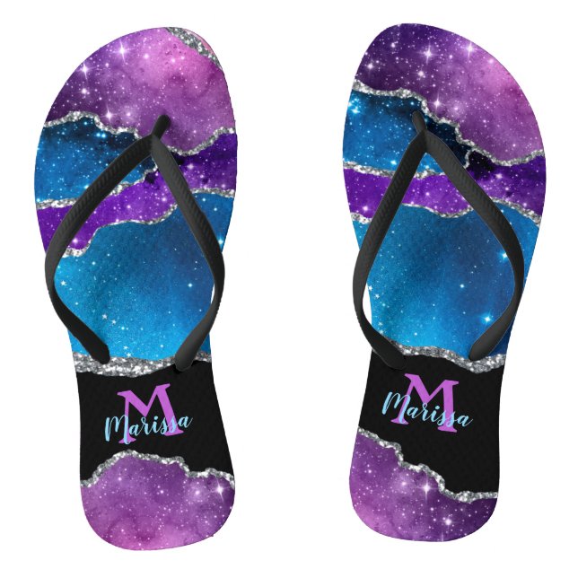 Teal Purple Silver Black Marbled Agate and Glitter Thongs (Footbed)
