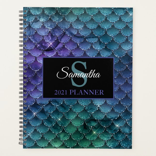Teal Purple Sparkle Mermaid Scales Monogram Luxury Planner (Front)