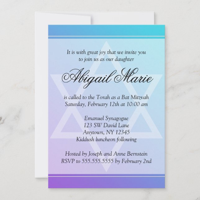 Teal Purple Star of David Bat Mitzvah Invitation (Front)