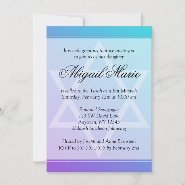 Teal Purple Star of David Bat Mitzvah Invitation (Front)