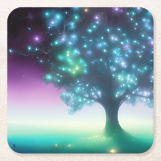 Teal Purple Tree with Lights Square Paper Coaster