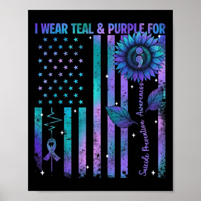 Teal Purple Us Usa Flag Suicide Prevention Awarene Poster (Front)