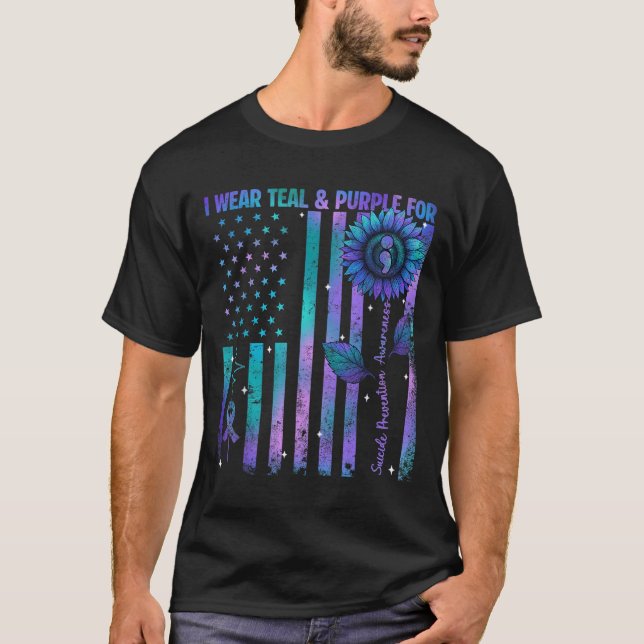 Teal Purple Us Usa Flag Suicide Prevention Awarene T-Shirt (Front)