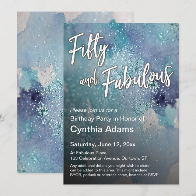 Teal Purple Watercolor Glitter Fifty and Fabulous Invitation (Front/Back)