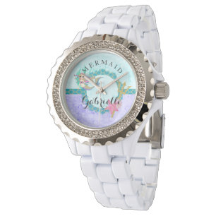 Teal & Purple Watercolor Monogram Mermaid Watch
