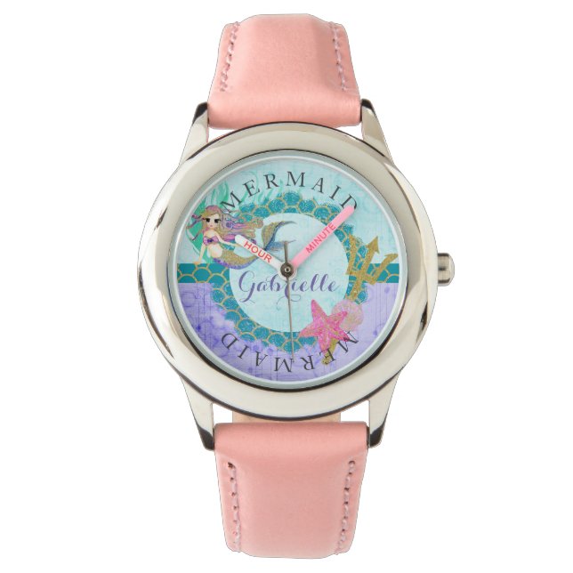 Teal & Purple Watercolor Monogram Mermaid Watch (Front)