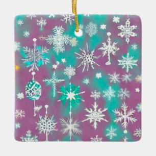 Teal Purple Watercolor Snowflakes Ceramic Ornament