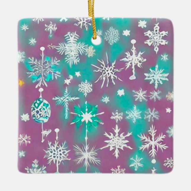 Teal Purple Watercolor Snowflakes Ceramic Ornament (Front)