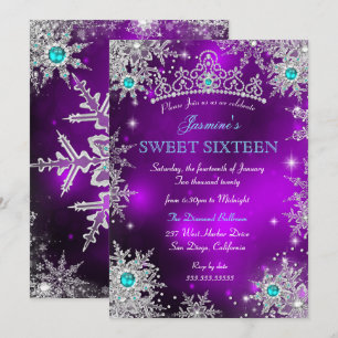Teal Purple Winter Wonderland Sweet 16 Snowflakes Invitation