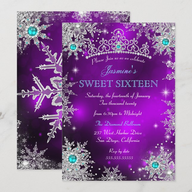 Teal Purple Winter Wonderland Sweet 16 Snowflakes Invitation (Front/Back)