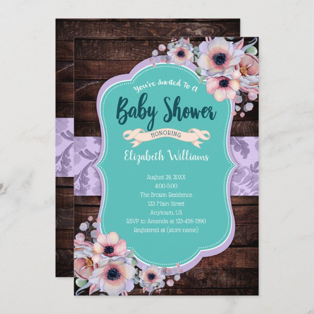 Teal Purple Wood Watercolor Flowers Baby Shower Invitation (Front/Back)