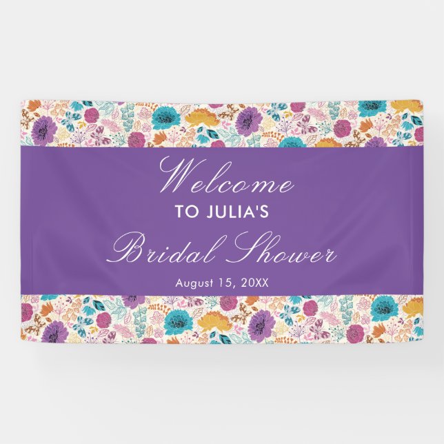 Teal Purple Yellow Spring Meadow Bridal Shower Banner (Horizontal)