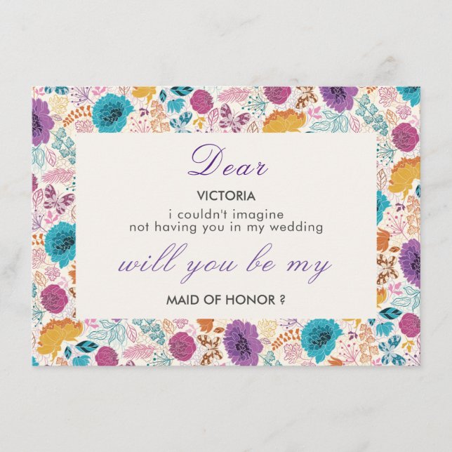 Teal Purple Yellow Spring Meadow Bridesmaid Menu (Front)