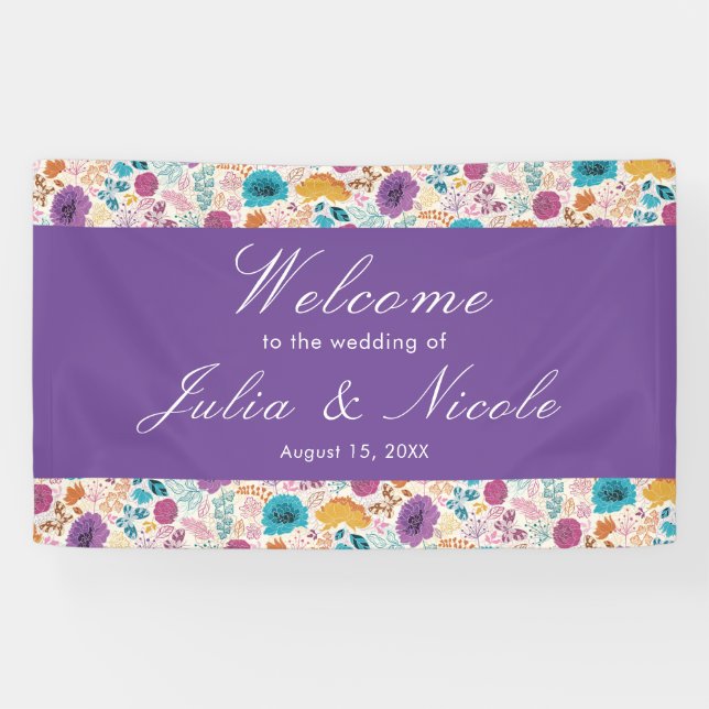Teal Purple Yellow Spring Meadow Flowers Wedding Banner (Horizontal)