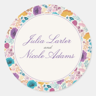 Teal Purple Yellow Spring Meadow Flowers Wedding Classic Round Sticker