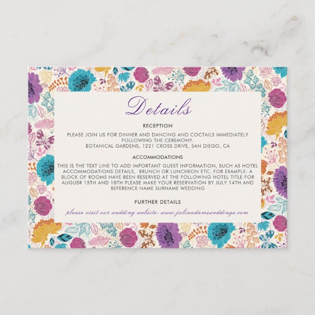 Teal Purple Yellow Spring Meadow Flowers Wedding Enclosure Card (Front)