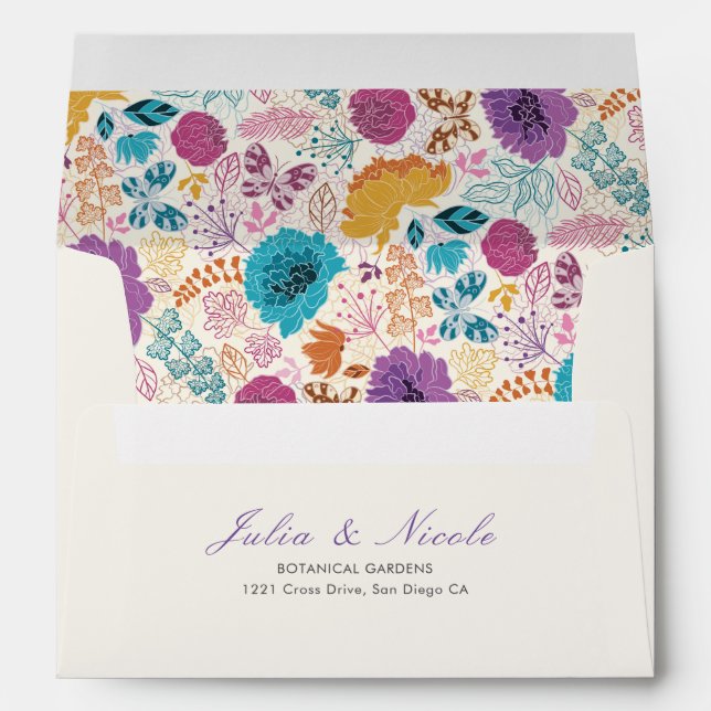 Teal Purple Yellow Spring Meadow Flowers Wedding Envelope (Back (Bottom))