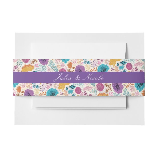 Teal Purple Yellow Spring Meadow Flowers Wedding Invitation Belly Band (Front Example)