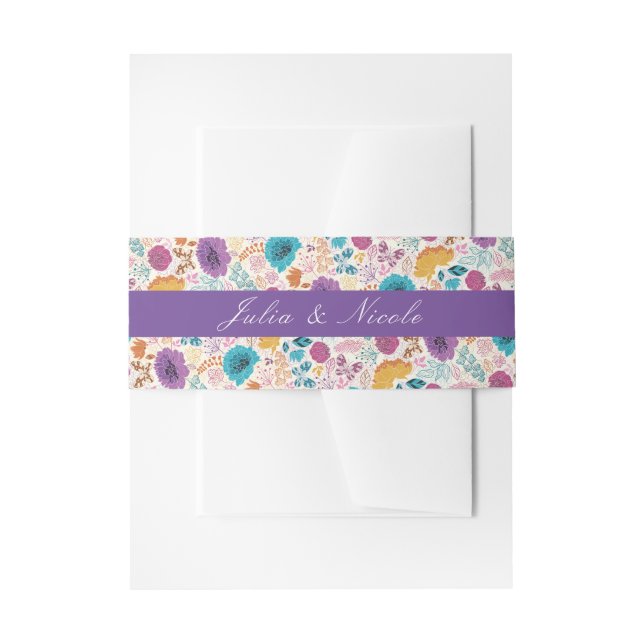 Teal Purple Yellow Spring Meadow Flowers Wedding Invitation Belly Band (Front Example)