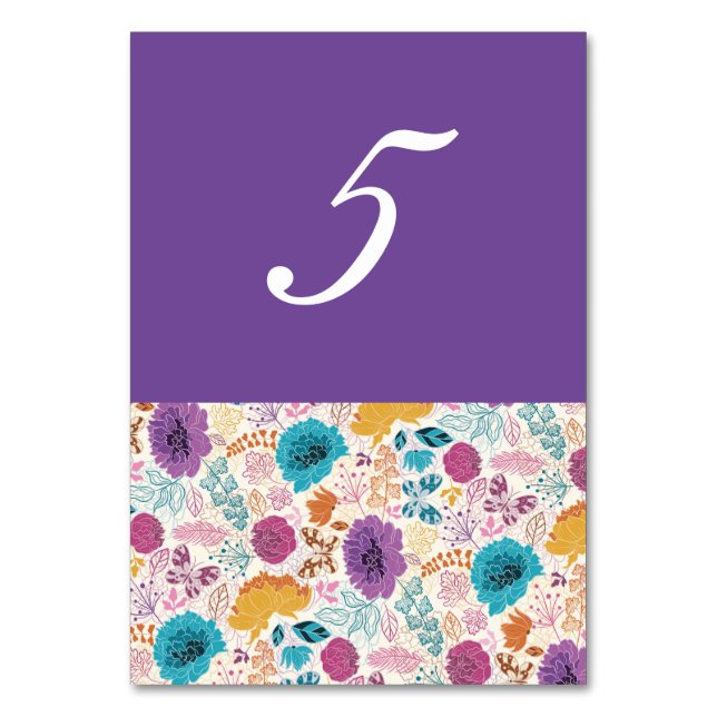 Teal Purple Yellow Spring Meadow Flowers Wedding Table Number (Front)