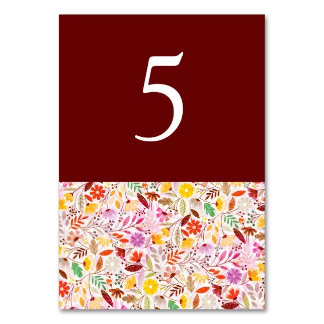 Teal Purple Yellow Spring Meadow Flowers Wedding Table Number (Front)