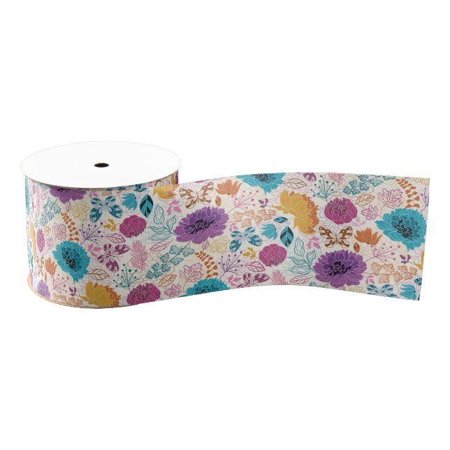 Teal Purple Yellow Spring Meadow Wedding Grosgrain Ribbon (Spool)