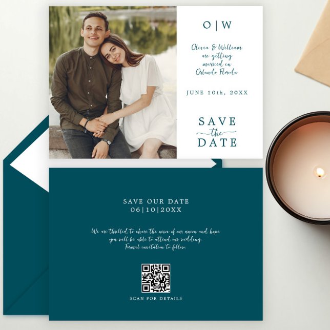 Teal QR Code Wedding Save the Date Card (Creator Uploaded)