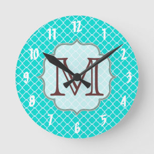 Teal Quarterfoil Latti Monogram Initial Wall Clock