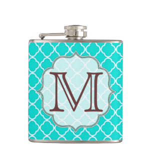 Teal Quarterfoil Monogram Initial Whiskey Flask