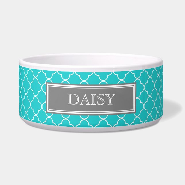 Teal Quatrefoil Custom Name Dog Bowl (Front)