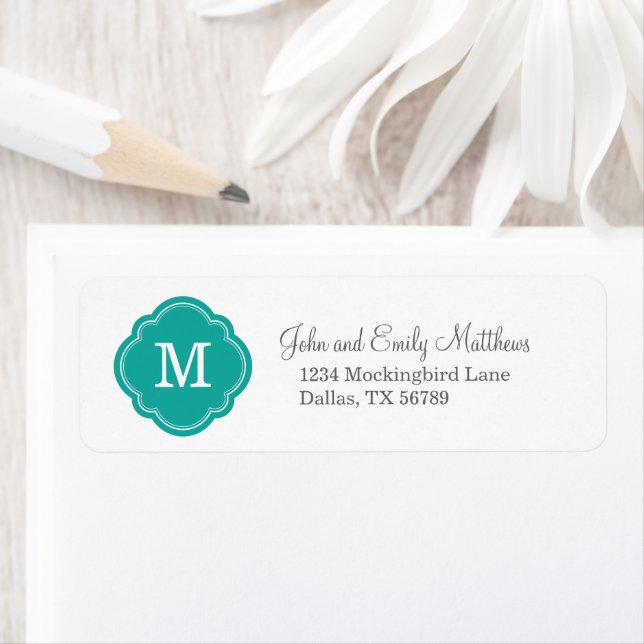 Teal Quatrefoil Monogram Return Address Label (Insitu)