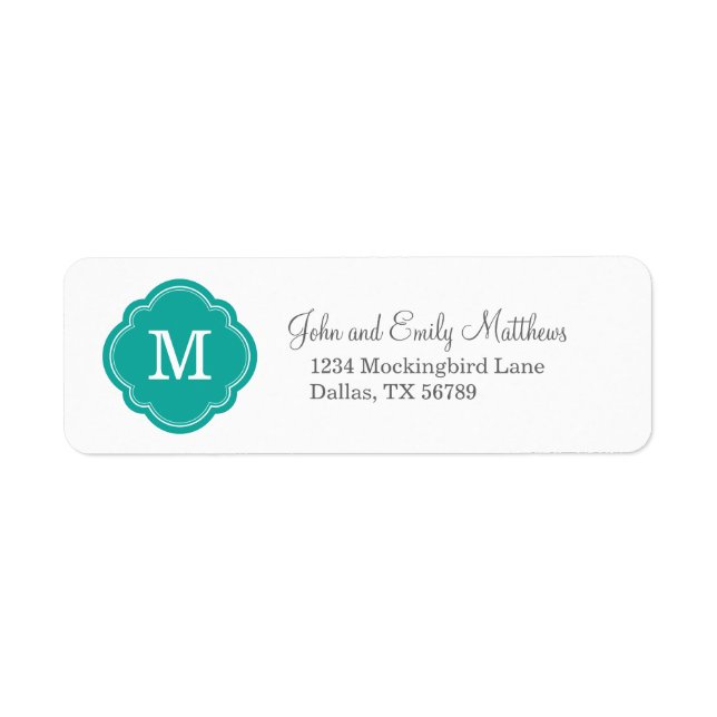 Teal Quatrefoil Monogram Return Address Return Address Label (Front)