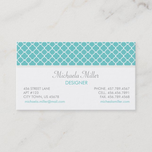 Teal Quatrefoil Pattern Business Card (Front)