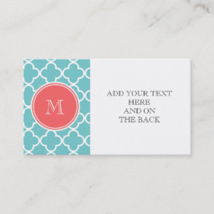 Teal Quatrefoil Pattern, Coral Monogram Business Card
