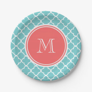 Teal Quatrefoil Pattern, Coral Monogram Paper Plate