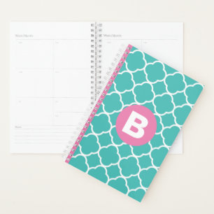 Teal Quatrefoil Pattern Custom Pink Monogram Planner
