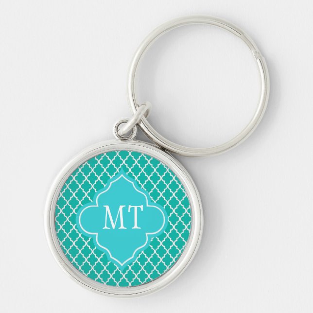 Teal quatrefoil pattern monogram key ring (Front)