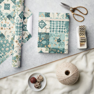 Teal Quilt Gingham Cottagecore Floral Wrapping Paper