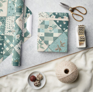 Teal Quilt Gingham Cottagecore Floral Wrapping Paper